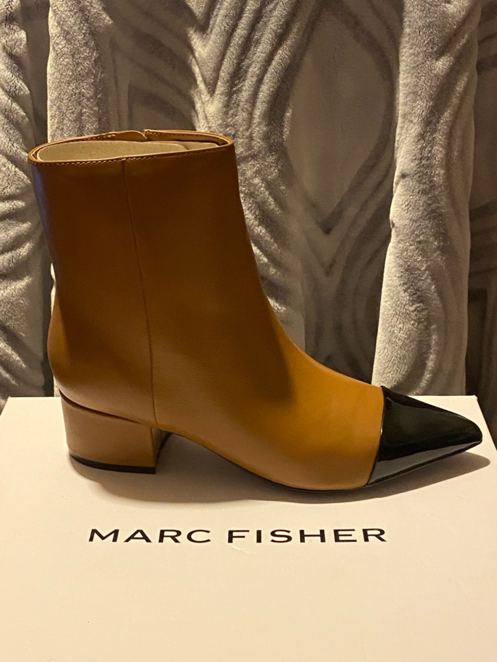 Marc Fisher Two-Tone Tan and Black Pointed Leather Ankle Bootie